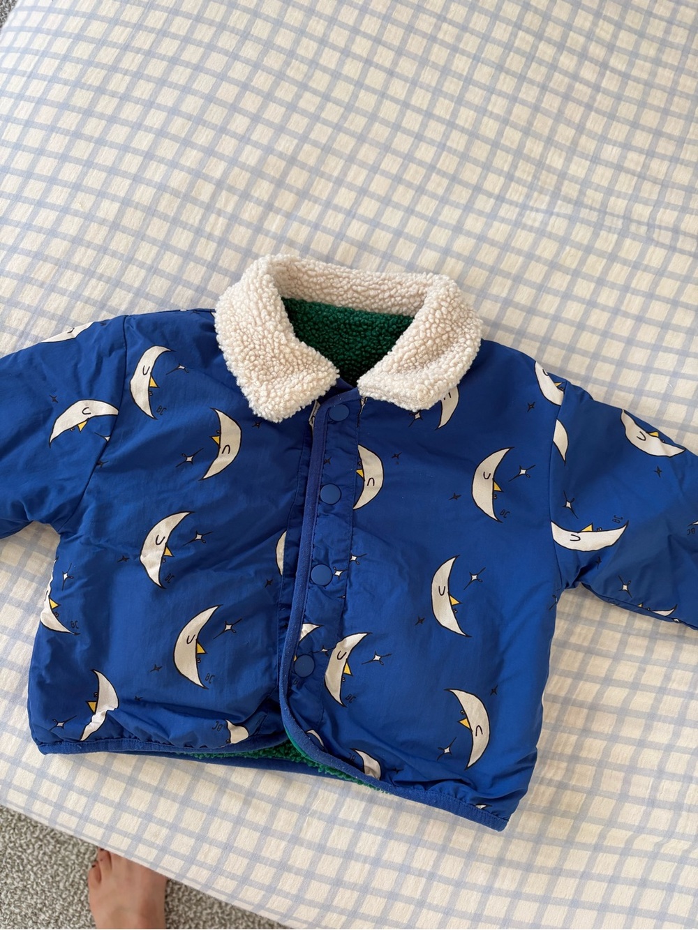 Bobo Choses Reversible Blue Moon Print Sherpa Collar Jacket